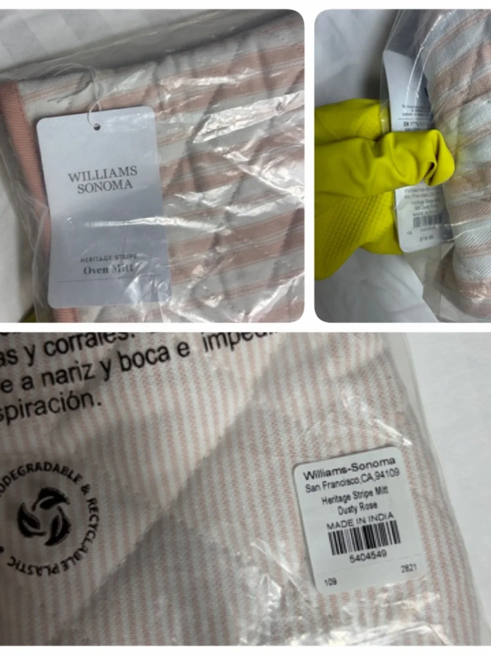 NWT Williams Sonoma heritage stripe oven mitt in dusty rose